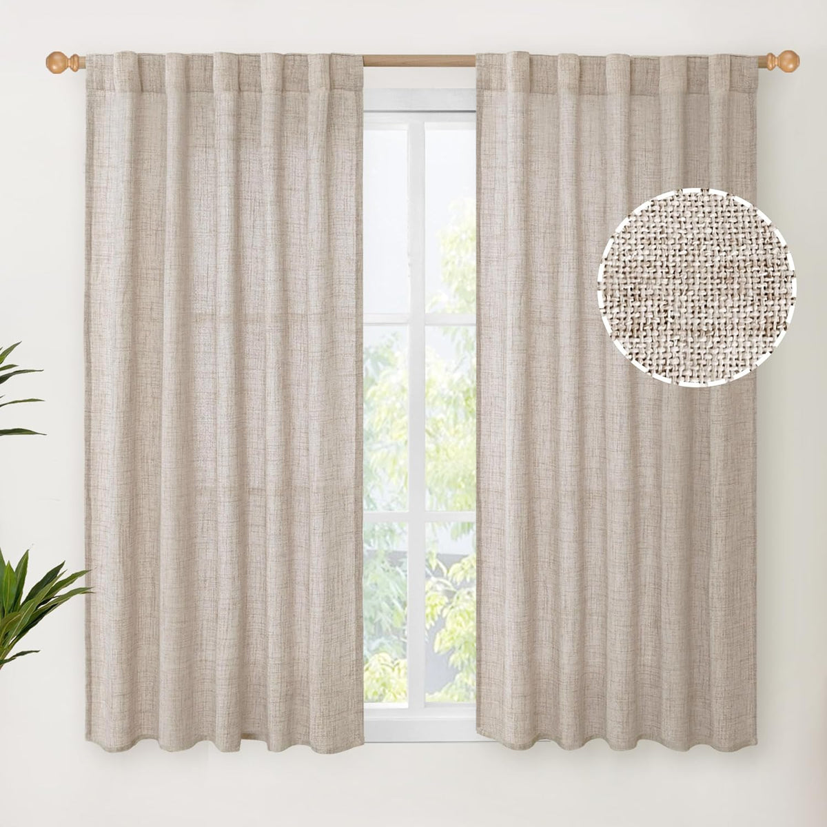 YoungsTex Linen Curtains 48 Inch Length for Kitchen Window, Short Natural Semi Sheer Drapes with