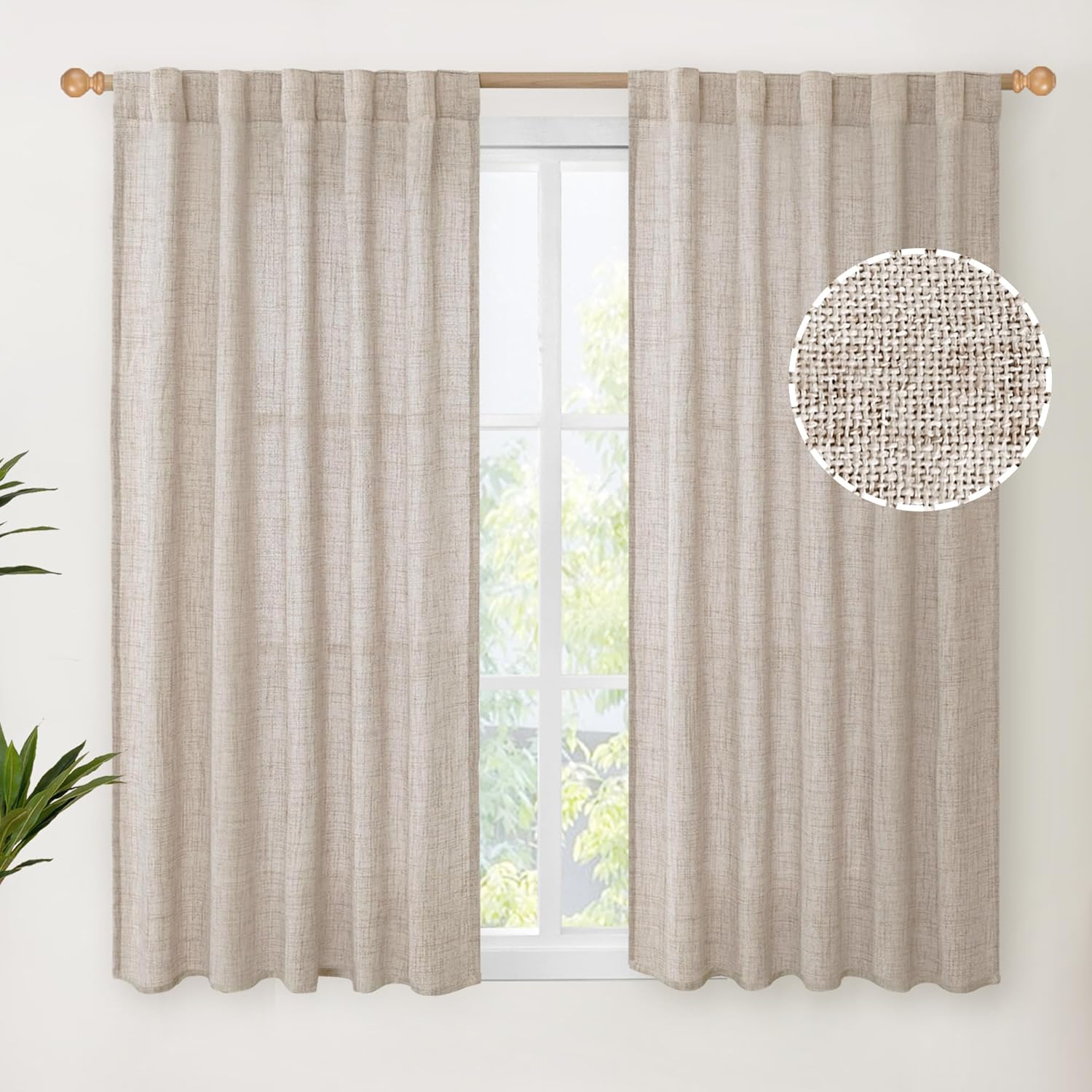YoungsTex Short Natural Linen Curtains 54 Inch Length for Windows, Semi Sheer Drapes Light