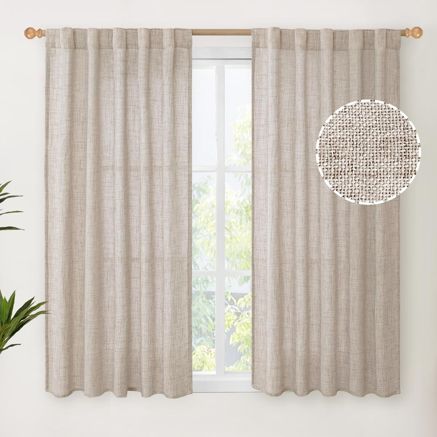 YoungsTex Short Linen Curtains 45 Inch Length for Cafe Window, Natural Light Filtering Drapes with