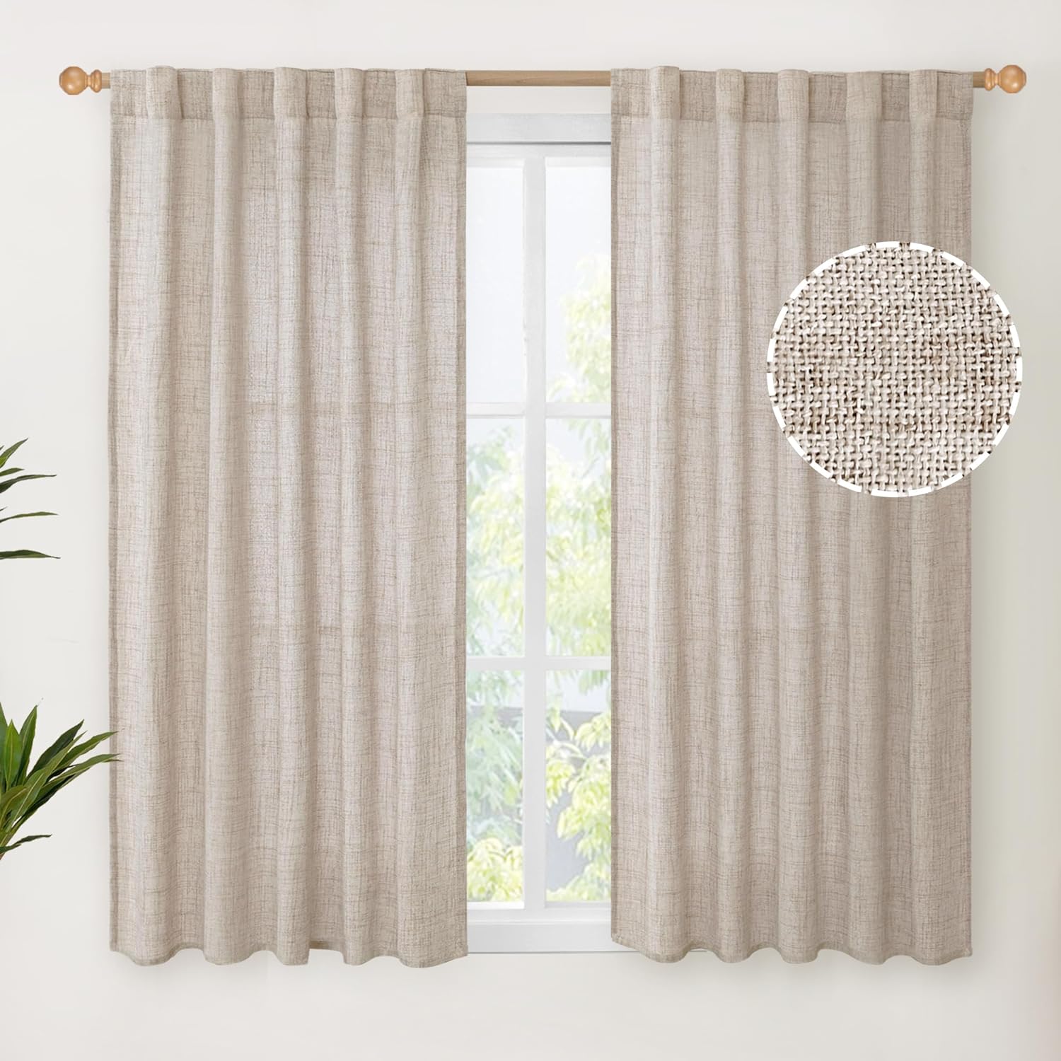 YoungsTex Short Linen Curtains 45 Inch Length for Cafe Window, Natural Light Filtering Drapes with