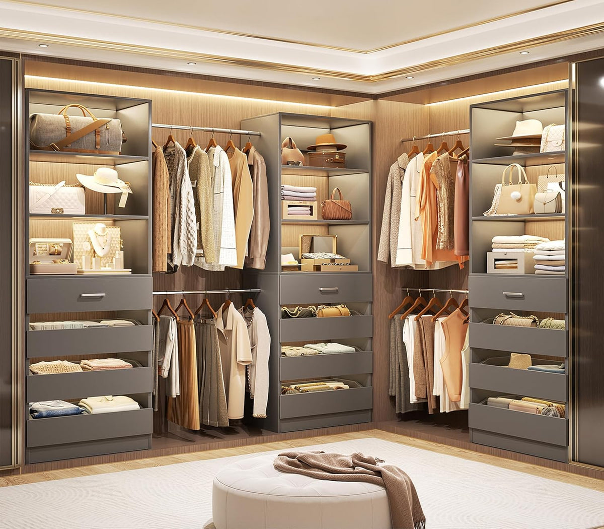 Aheaplus Closet System with 12 Drawers, 8.5-11.5Ft Wood Closet Organizer System with 4 Hanging Rods