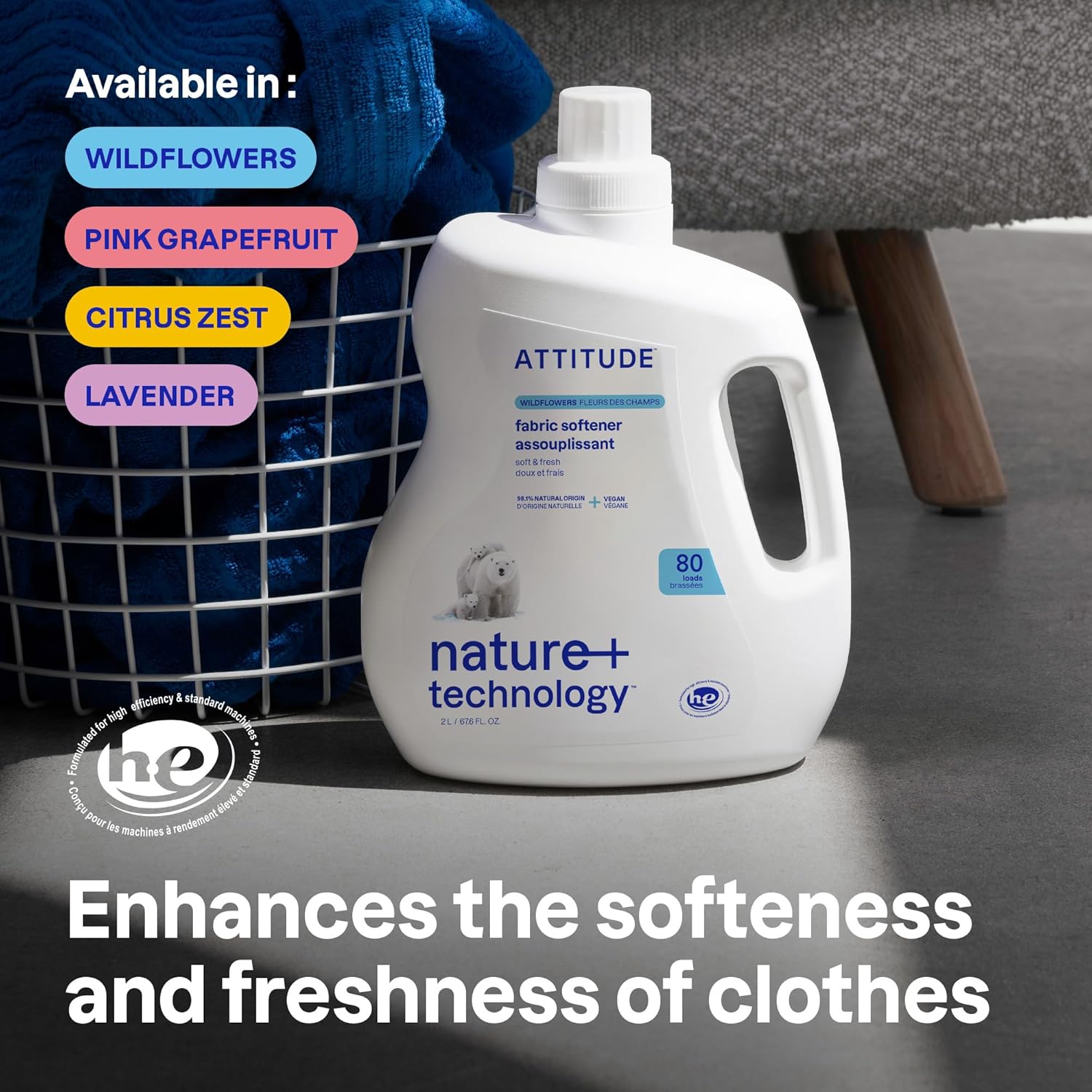 ATTITUDE Liquid Fabric Softener, Plant-Based & Vegan, HE Compatible, Naturally Derived, Wildflowers