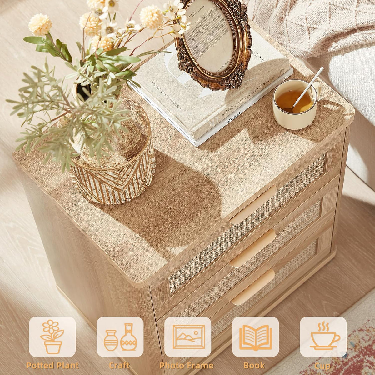 LEYAOYAO Rattan Night Stand Set of 2 with Drawers, 23" Large 3 Drawer Boho Nightstand, Natural Wood