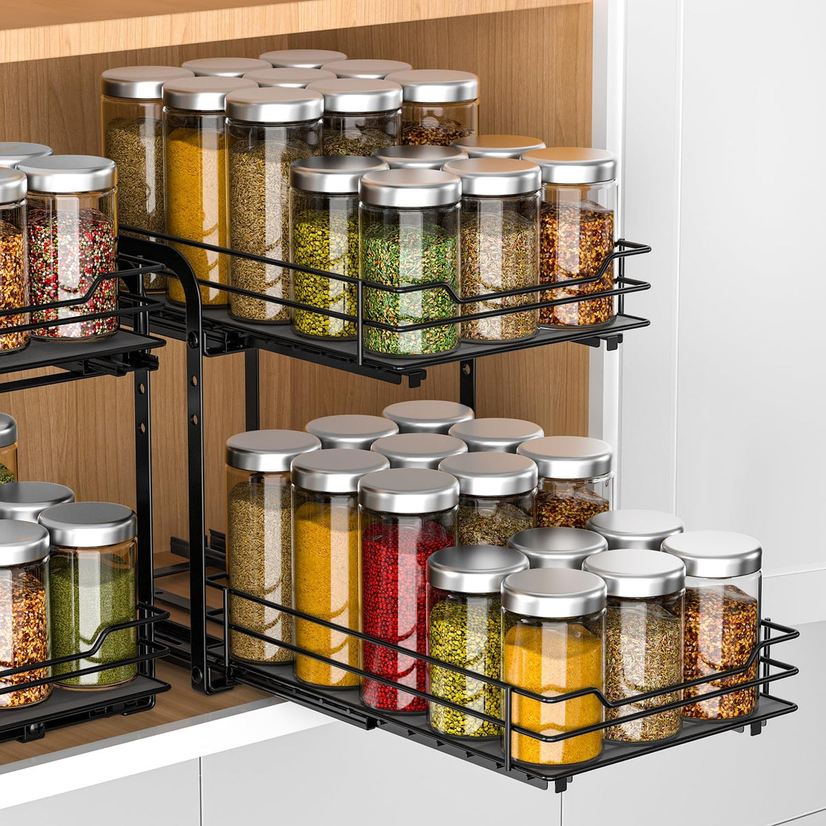 RCHYFEED Spice Rack, 2 Tier Pull out Cabinet Spice Organizer, Height Adjustable Slides out