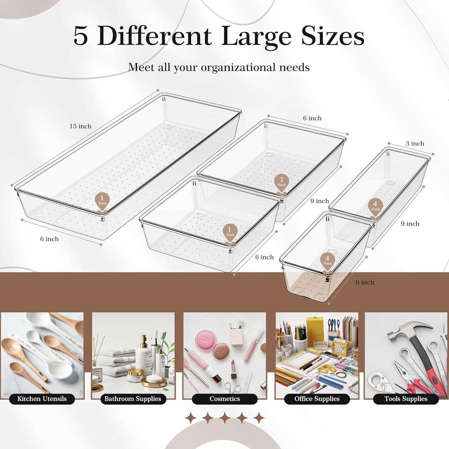 Criusia 11 PCS Clear Plastic Drawer Organizer Set - 5 Large Size Versatile Kitchen and Bathroom