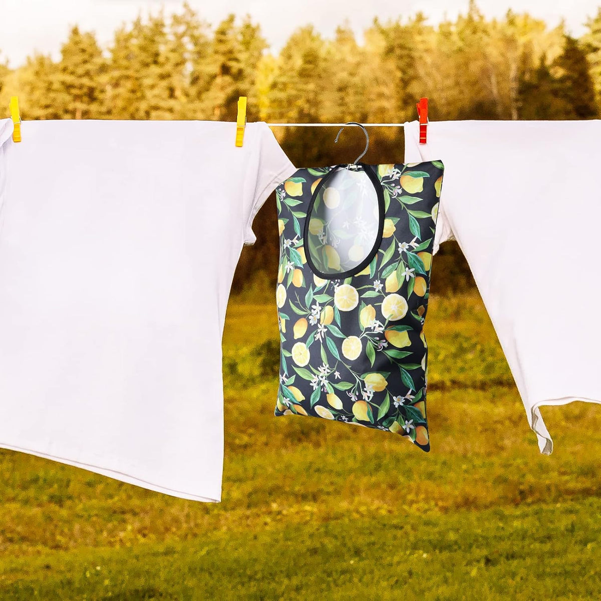2 Pcs Lemon Clothespin Bag With Hanging Hook - 15 X 11 Inch Laundry Canvas Clothes Pin Holder