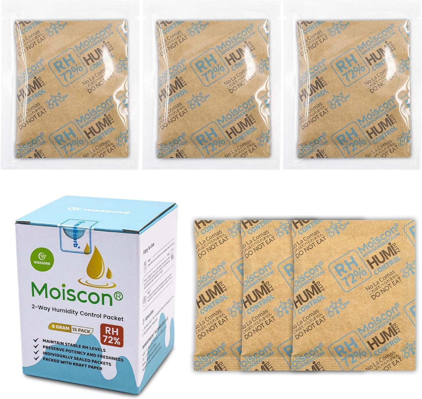 72% Two-Way Humidity Control Packs- 8 Gram Moisture Absorbers for Herbs, Wood Humidifier Boxes