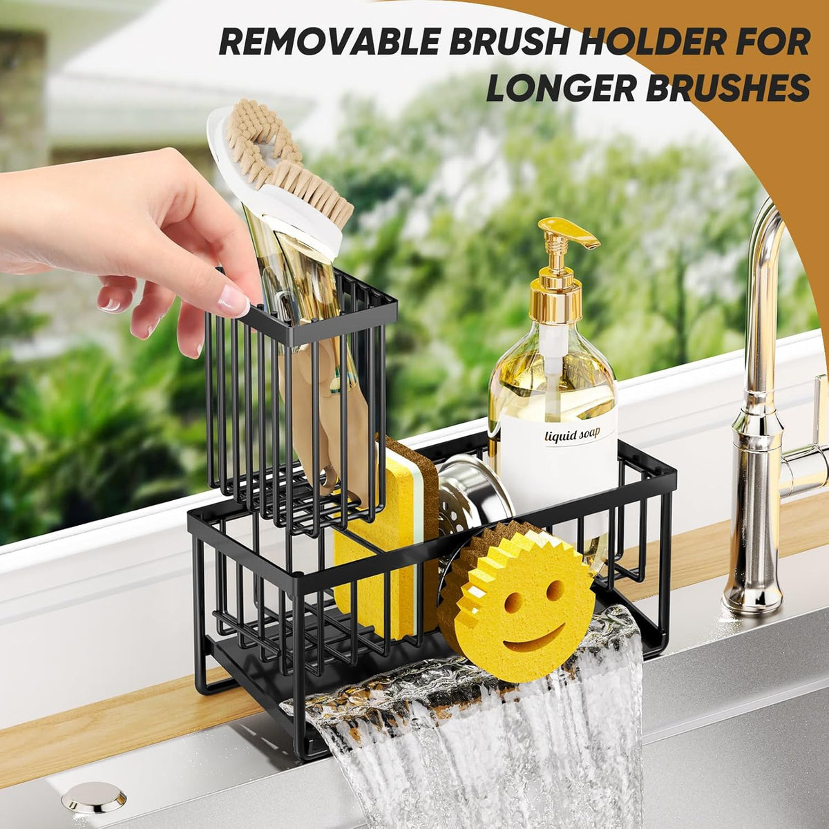 Sponge Holder for Kitchen Sink,Smiley Face Sink Caddy with Removable Brush Holder,Self-Draining