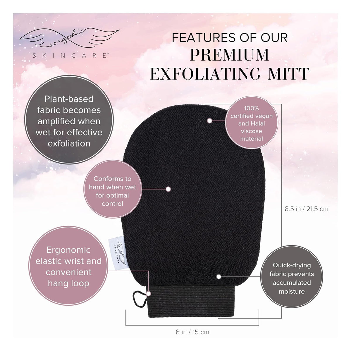 Seraphic Skincare (Original) Premium Exfoliating Mitt for Body (1pc) – 100% Vegan Viscose