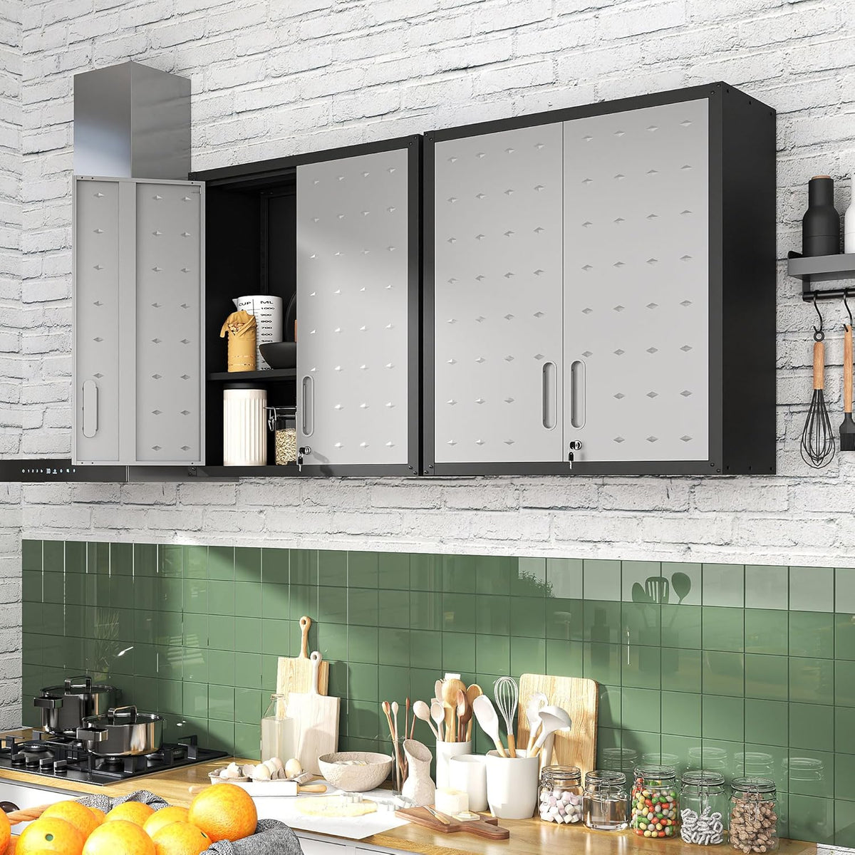 Garage Wall Mounted Storage Cabinet with Doors and Shelves, Lockable Metal Wall Cabinet, Hanging