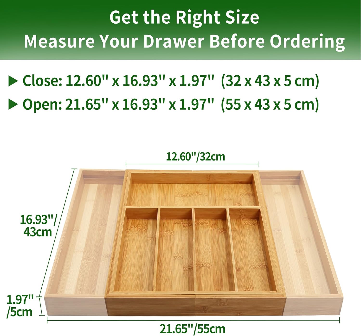 VaeFae Premium Bamboo Drawer Organizer, Expandable Silverware Drawer Organizer, Cutlery Tray with