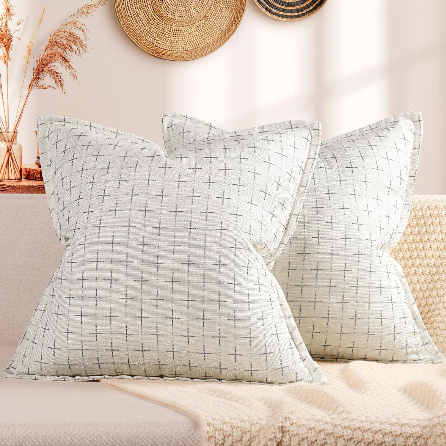 ZWJD Pillow Covers 22x22 Set of 2 Soft Polyester Textured Pillow Covers with Stylish Flange Edge