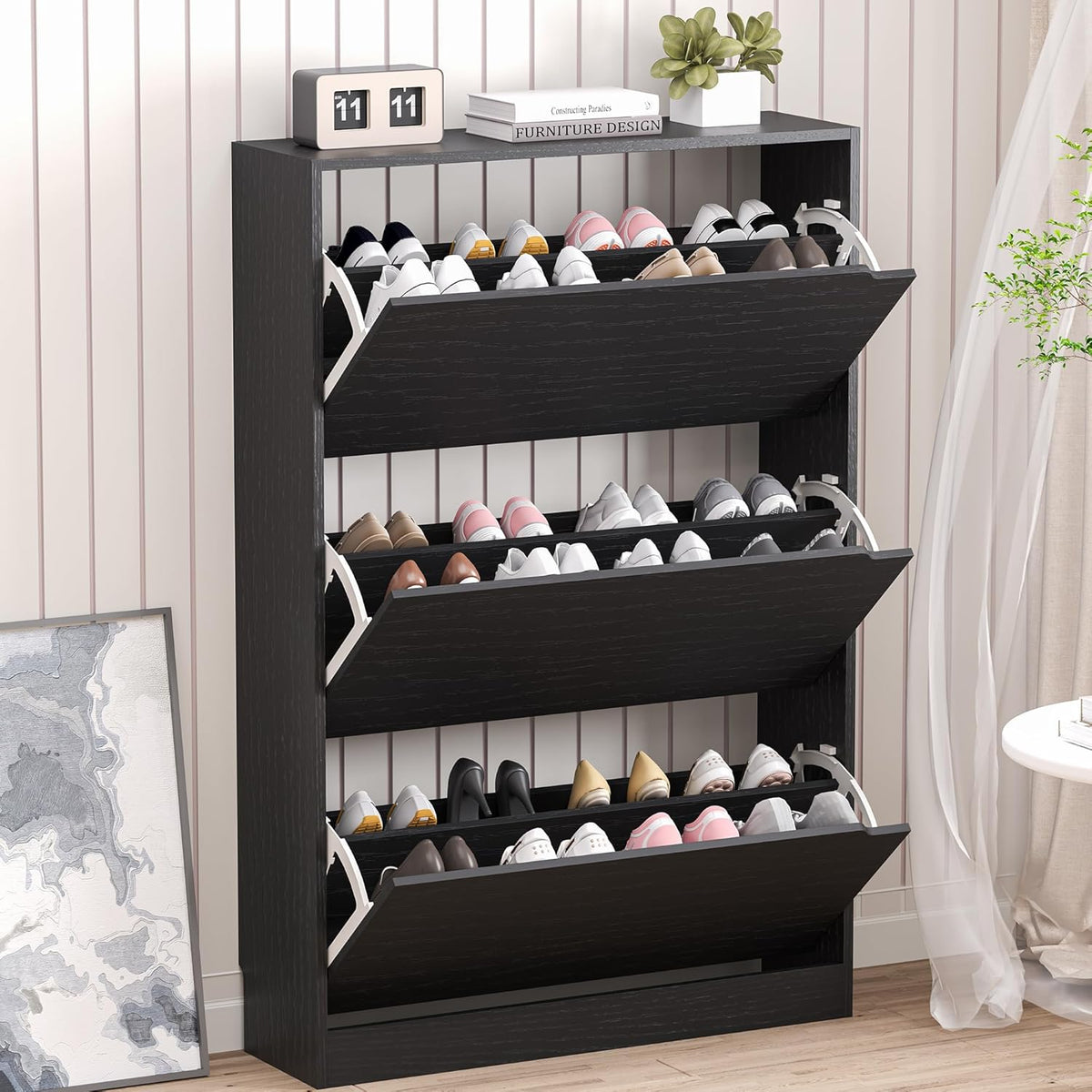 Shoe Storage Cabinet with 3 Flip Drawers,Narrow Shoe Rack Cabinet,Freestanding Organizer Storage
