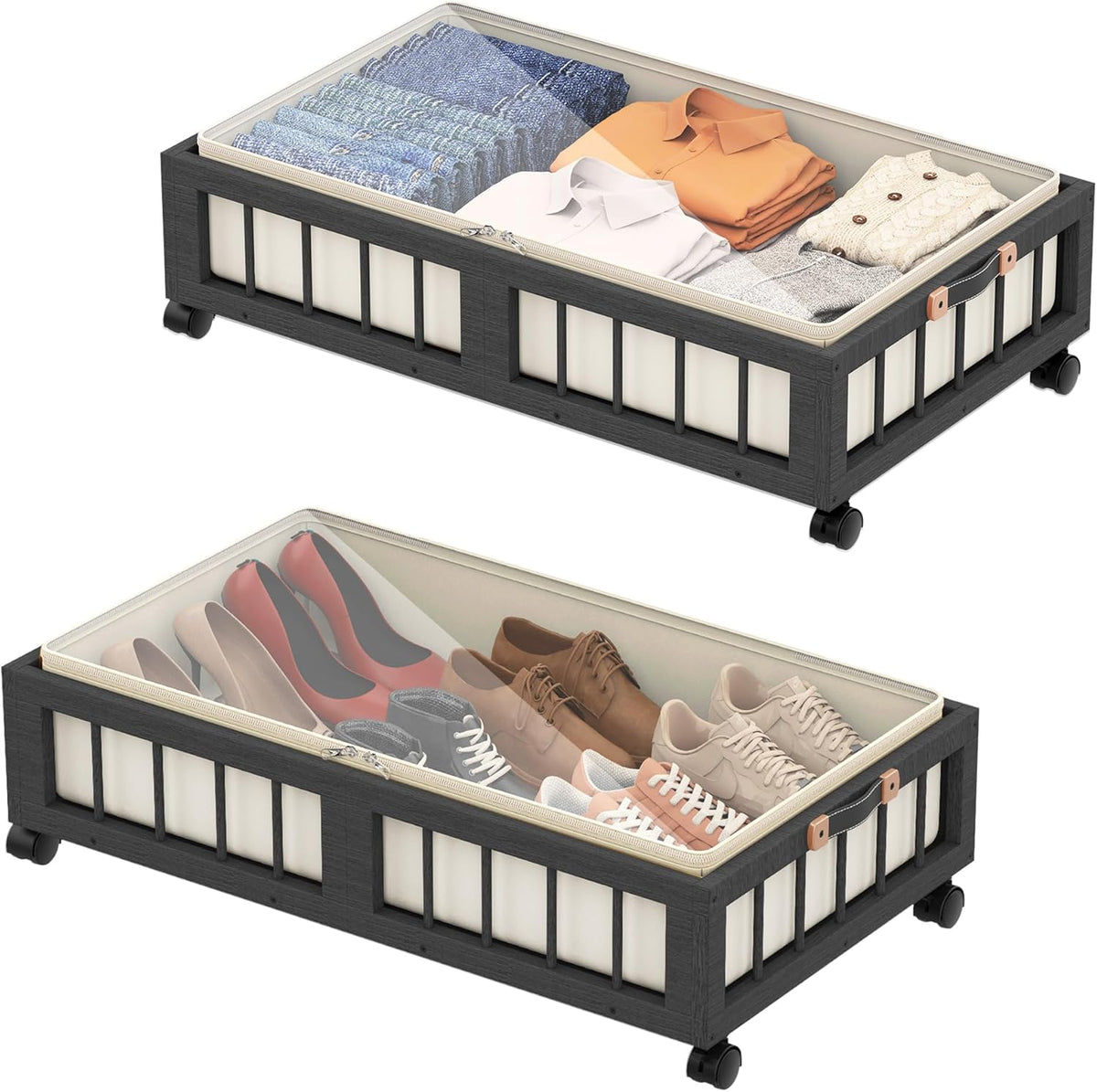 efluky 2-Pack Bamboo Under Bed Storage Containers with Wheels, Under Bed Clothes Storage Basket