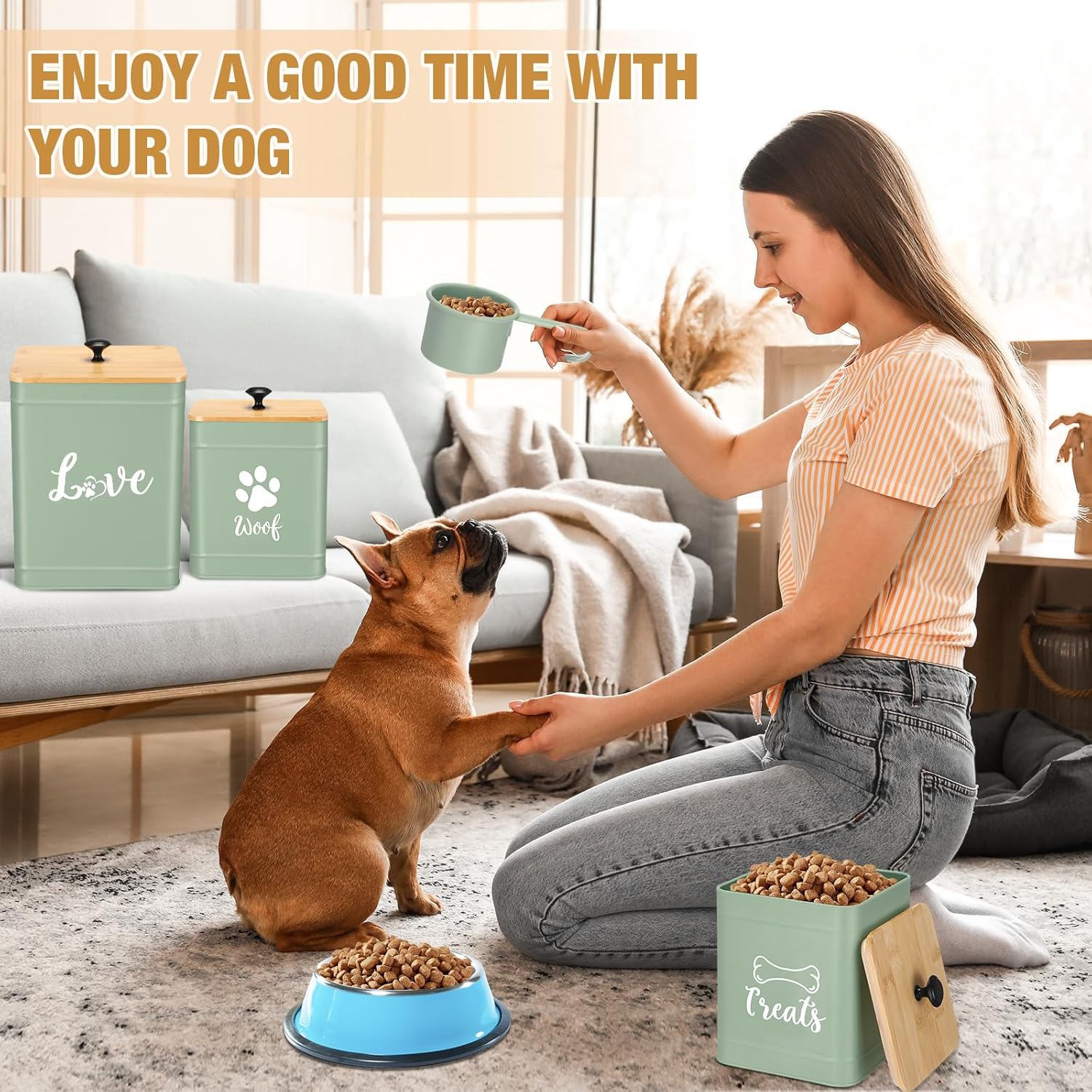 Metal Dog Treat Containers Set of 3 with Bamboo Lids and Spoon Airtight 7+3+2 lbs Dog Food Snack