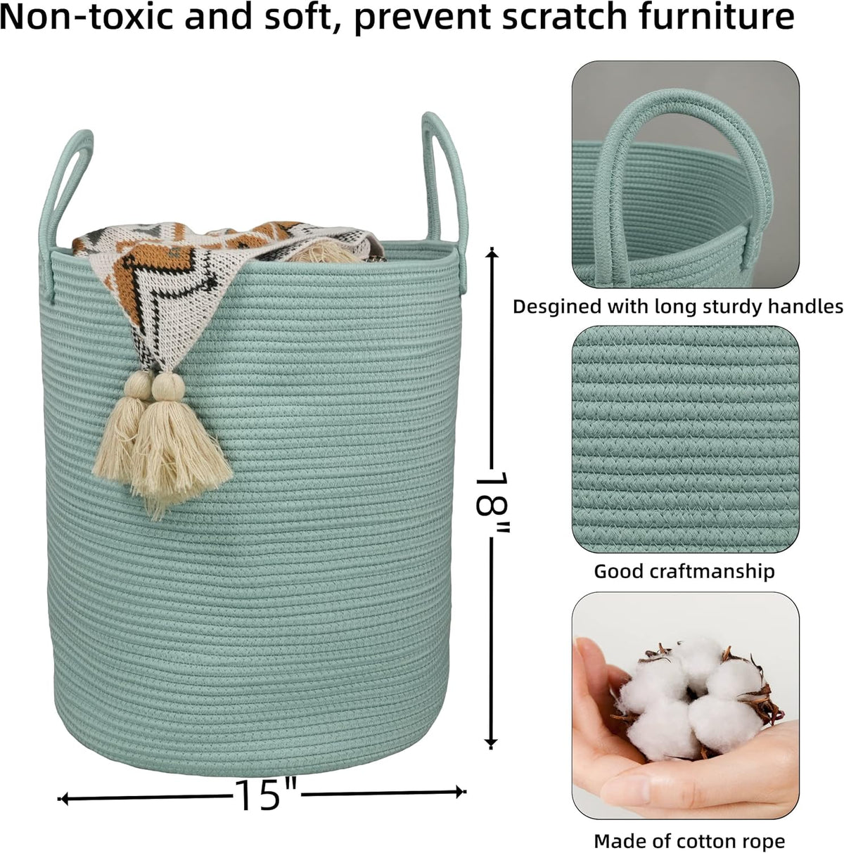 Cotton Rope Laundry Basket Hamper for Clothes Woven Storage Basket for Living Room Bedroom Boho