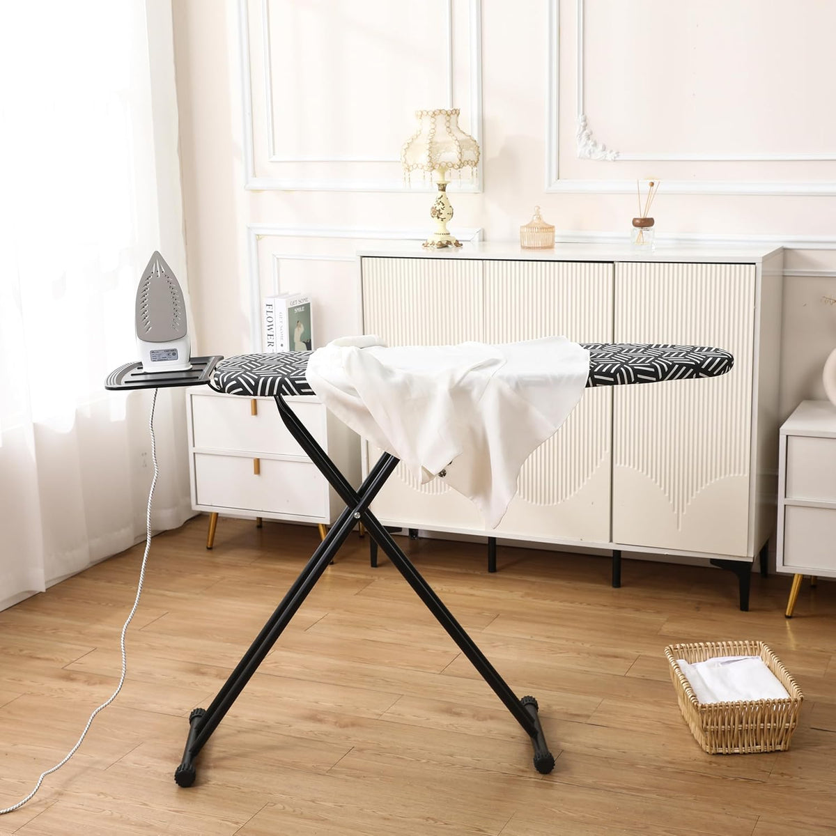caius Ironing Board with Steam Iron Rest, 43"x13" Extra Thick Padded Cover, Compact and Space Saver