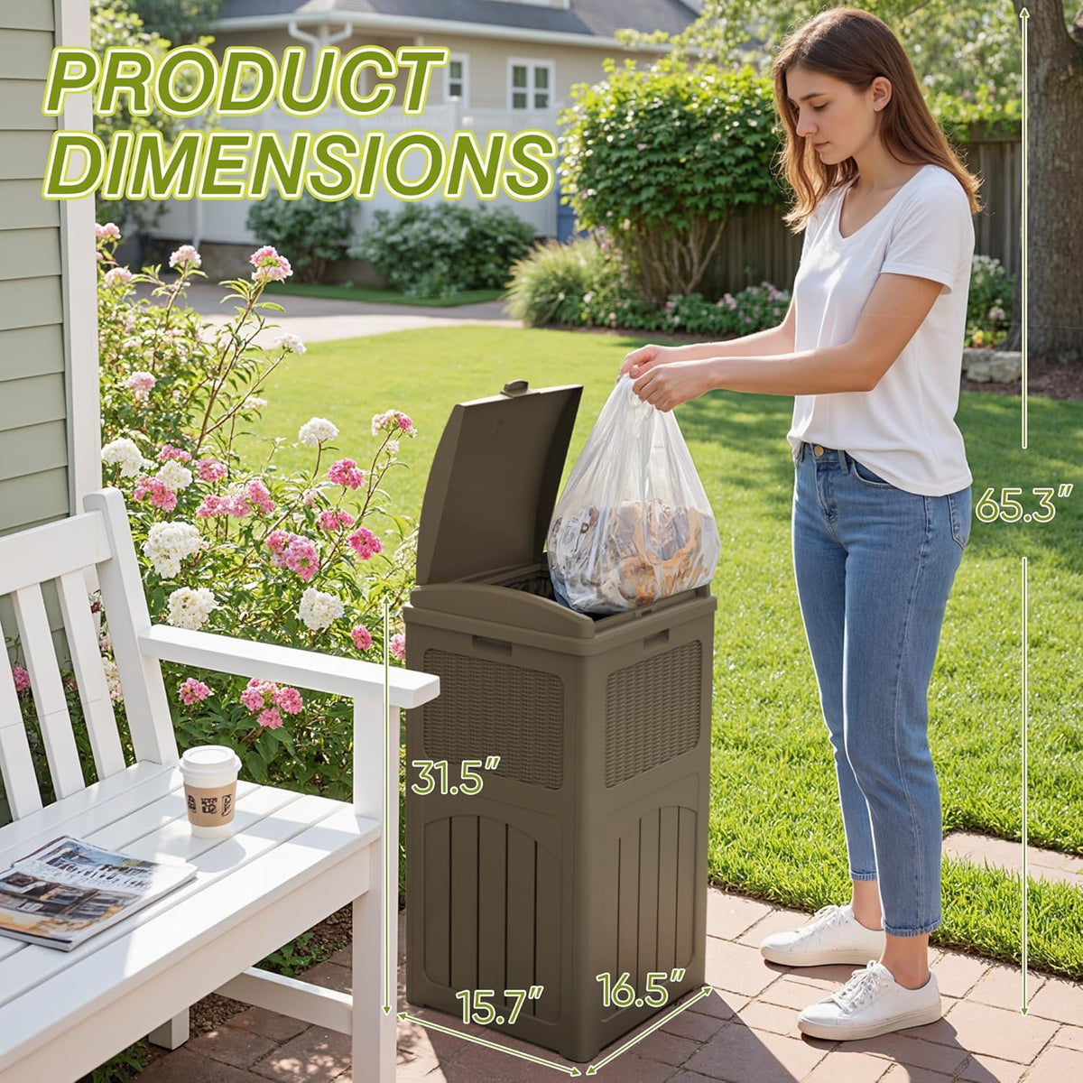 Greesum 33 Gallon Resin Outdoor Trash Can with Lid, Waterproof Resin Garbage Bin for Hideaway