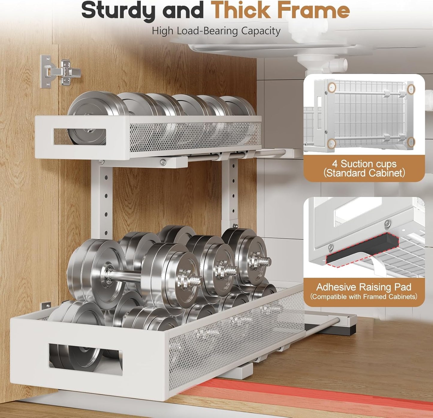 2 Pack 17IN Depth Under Sink Storage Organizer, Large 2-Tier Elegant Mesh Pull Out Shelf for