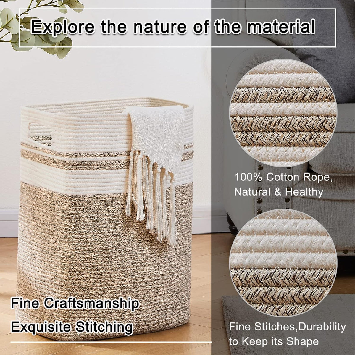 OIAHOMY Laundry Hamper-Laundry Basket,Tall Cotton Storage Basket with Handles,Decorative Blanket