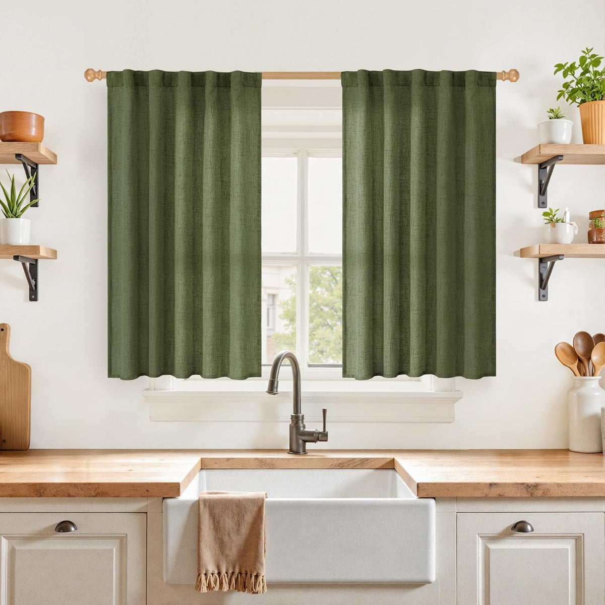 YoungsTex Olive Green Linen Curtains 40 Inch Length for Kitchen Window, Short Semi Sheer Drapes