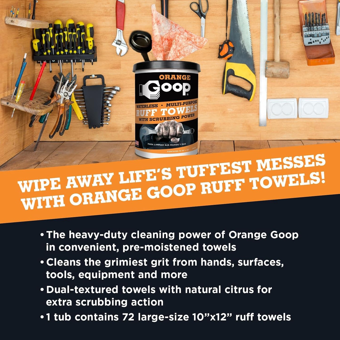 GOOP Orange Heavy Duty Ruff Towels with Scrubbing Power, 10” x 12” Dual Textured Multi-Purpose
