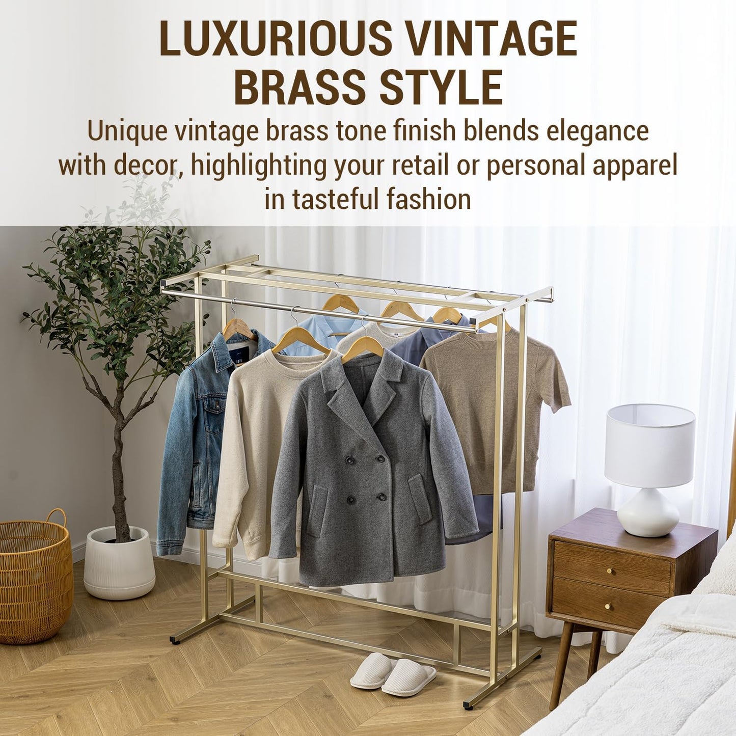 MyGift 4ft Tall Brass Tone Stainless Steel Freestanding Garment Rack, Heavy Duty Double Rod Clothes