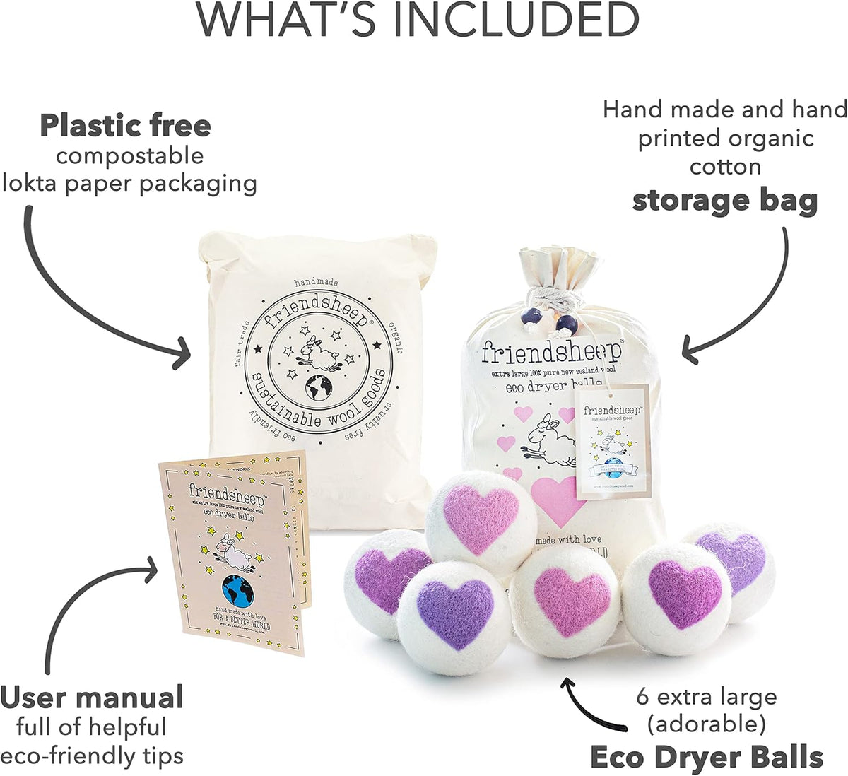 Friendsheep Organic Wool Dryer Balls Pink Purple Hearts 6 Pack XL Premium Reusable Cruelty Free