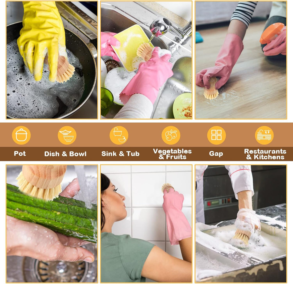 Nuenen 6 Packs Bamboo Dish Scrub Brushes Wooden Scrubbers Set Kitchen Dishwashing Scrubber with