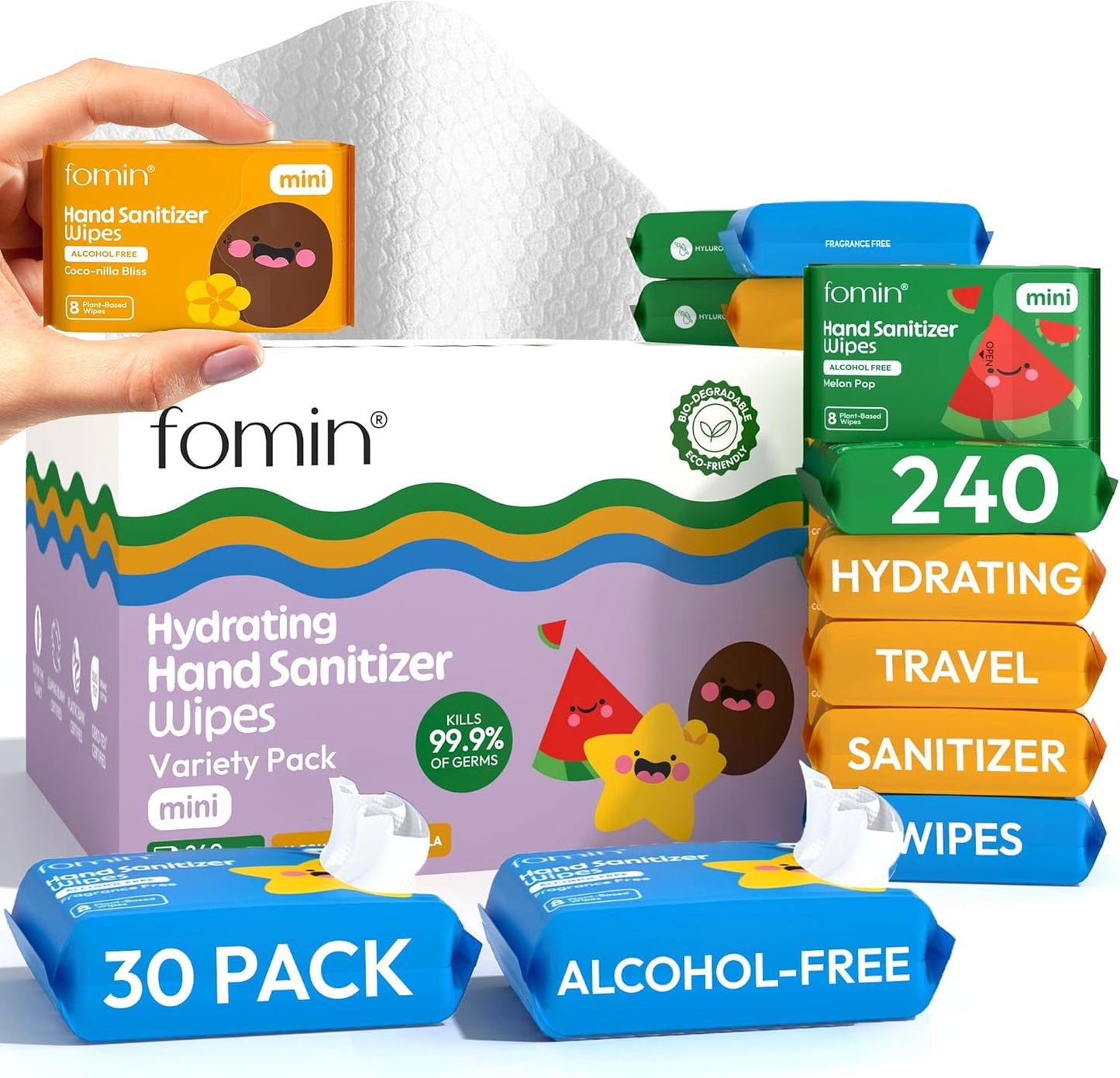 Fomin Mini Hand Sanitizer Wipes 30 Pack (8 Count) - Variety Pack Mini Wet Wipe - pH Balanced