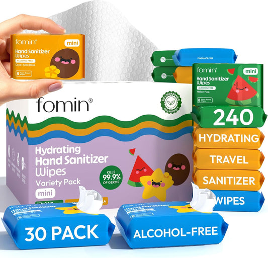 Fomin Mini Hand Sanitizer Wipes 30 Pack (8 Count) - Variety Pack Mini Wet Wipe - pH Balanced