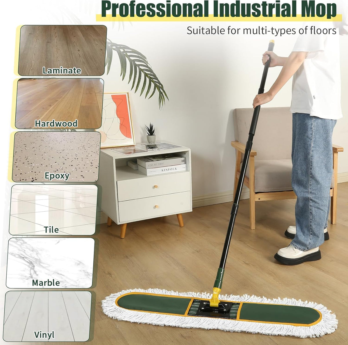 24" Commercial Dust Mop for Floor Cleaning, Heavy Duty Large Mop with Replacement Mops Pads