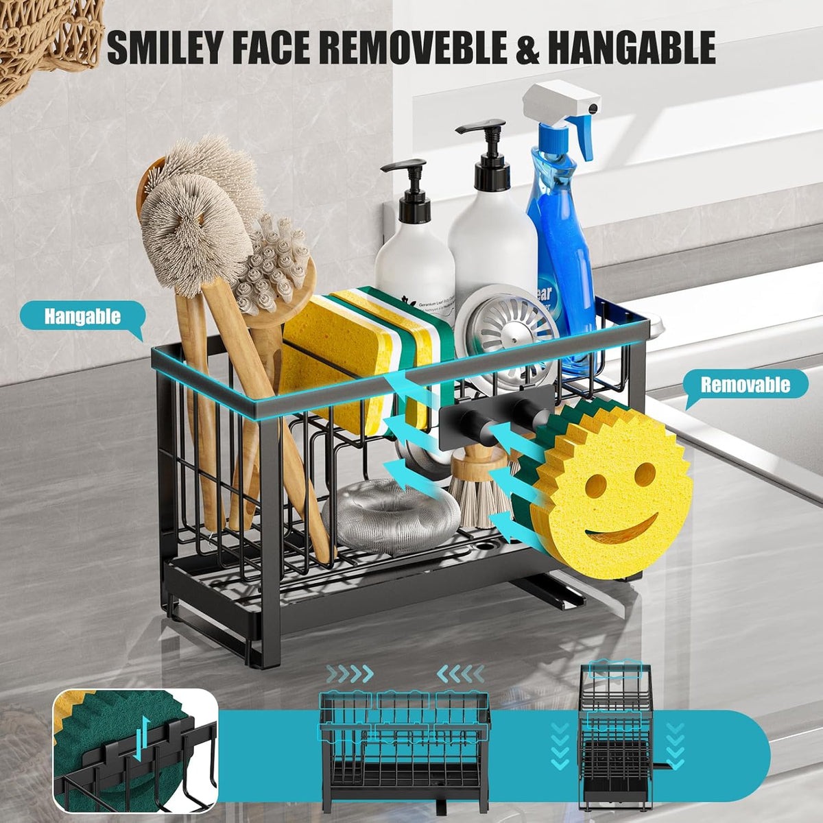 Sponge Holder for Kitchen Sink with Flexible Sink Caddy Smiley Face,2 Tier Kitchen Sponge Holder