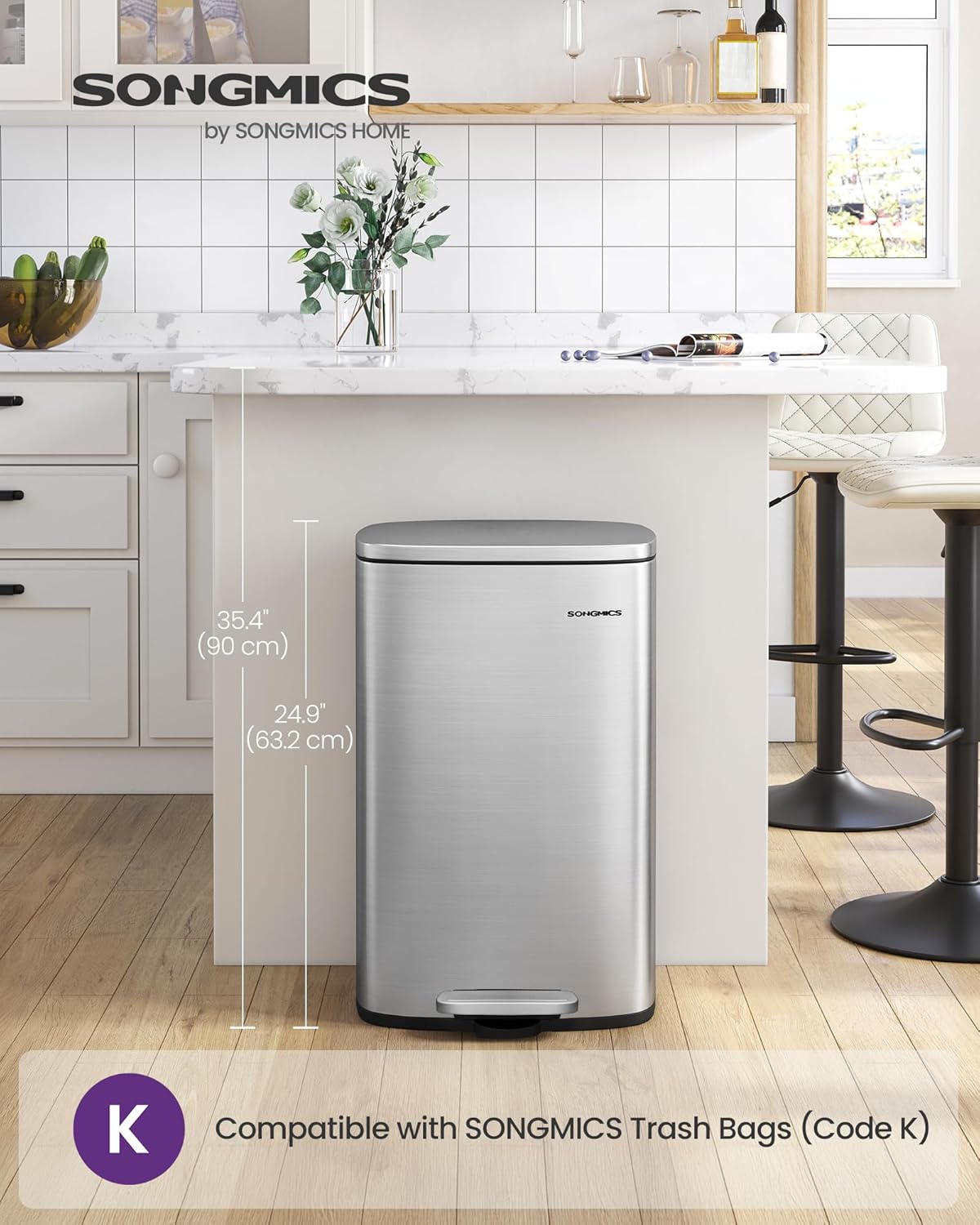 SONGMICS 13 Gallon (50 L) Trash Can, Stainless Steel Kitchen Garbage Can, Recycling or Waste Bin