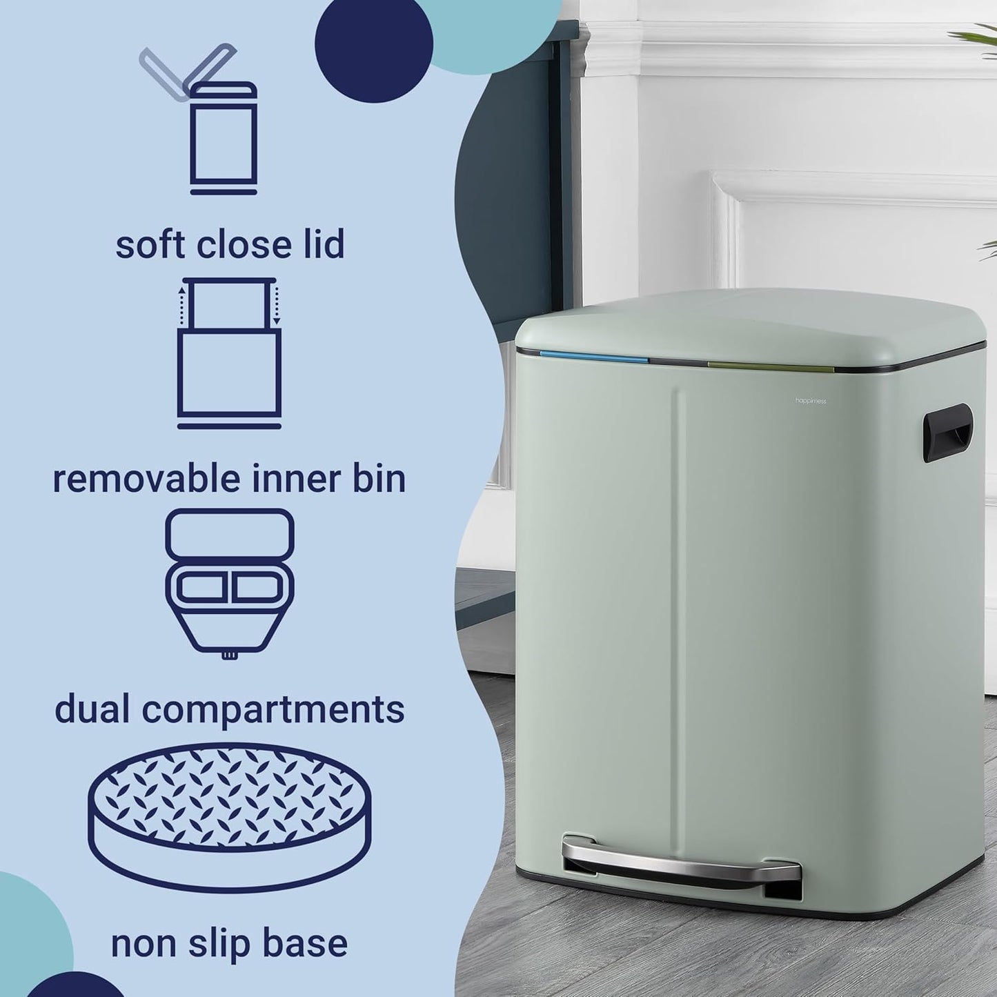 happimess HPM1005E Marco Rectangular 10.6-Gallon Double Bucket Trash Can with Soft-Close Lid