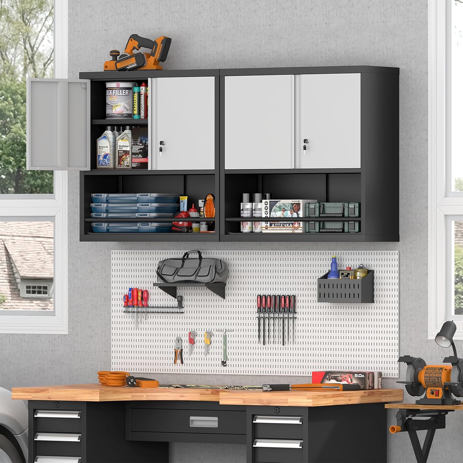 Metal Garage Cabinets, Lockable Storage Cabinet, Metal Cabinet with Open Storage, Upper Tool