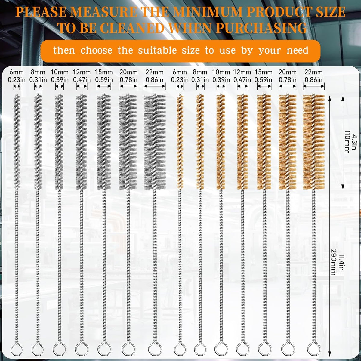 14-Pieces Brass Wire Brush Stainless Steel Tube Brush Set 12" Round Wire Brushes Kit Bore Brush