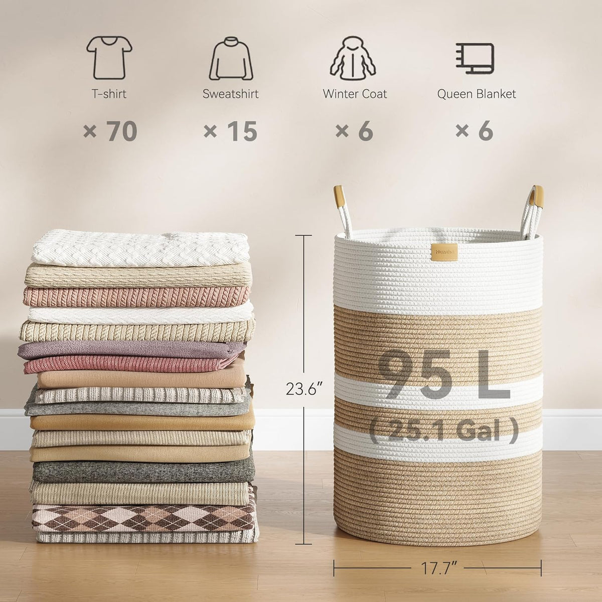 95L Striped Laundry Hamper with Leather Handles,Large Foldable Laundry Basket for Clothes,Cotton