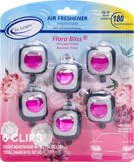 Air Jungles Flora Bliss Scent Car Air Freshener Clip, 6 Vent Clips, 4ml Each, Long Lasting Air