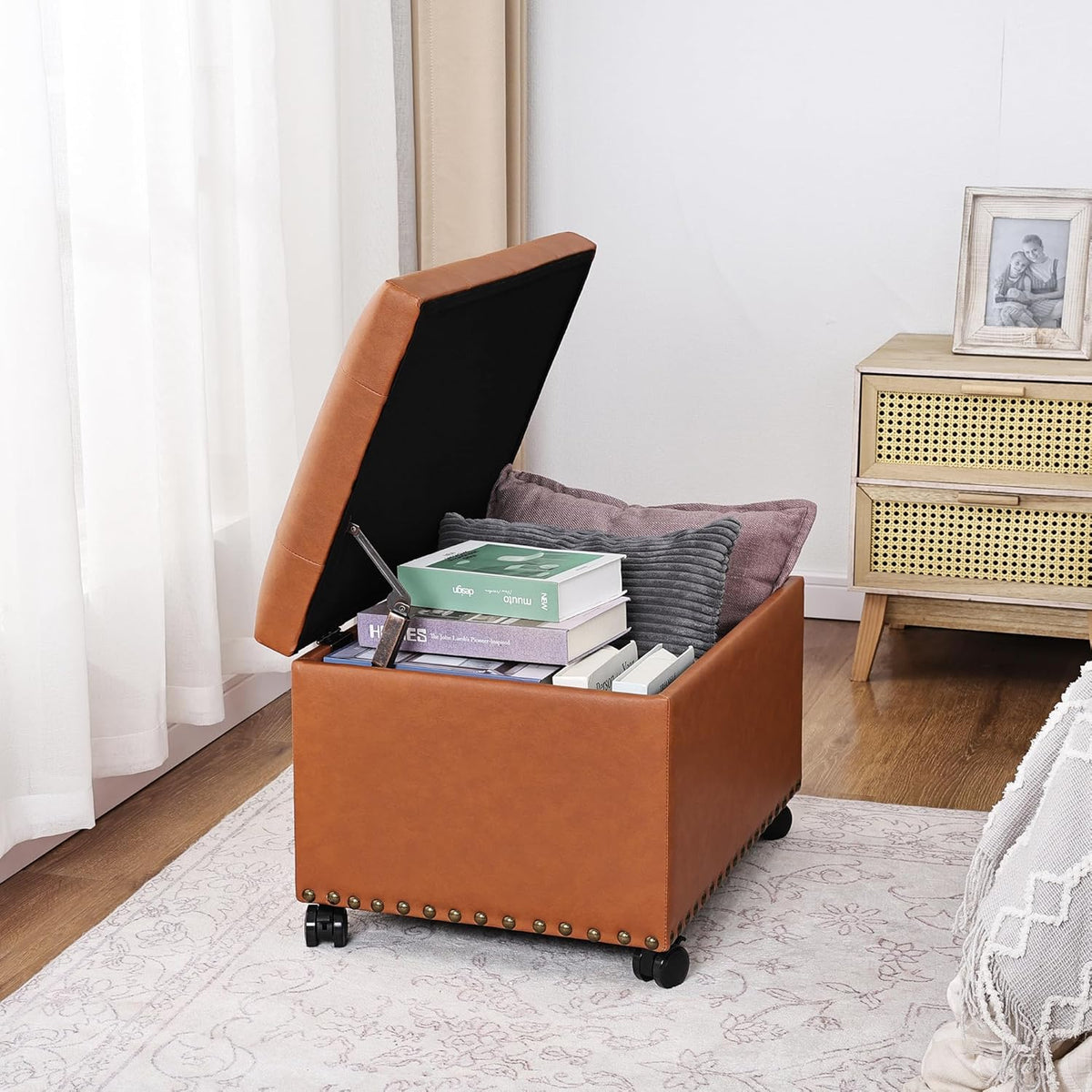 24" Square Ottomans with Storage, Leather Ottoman with Storage with Lockable Wheels and Hight