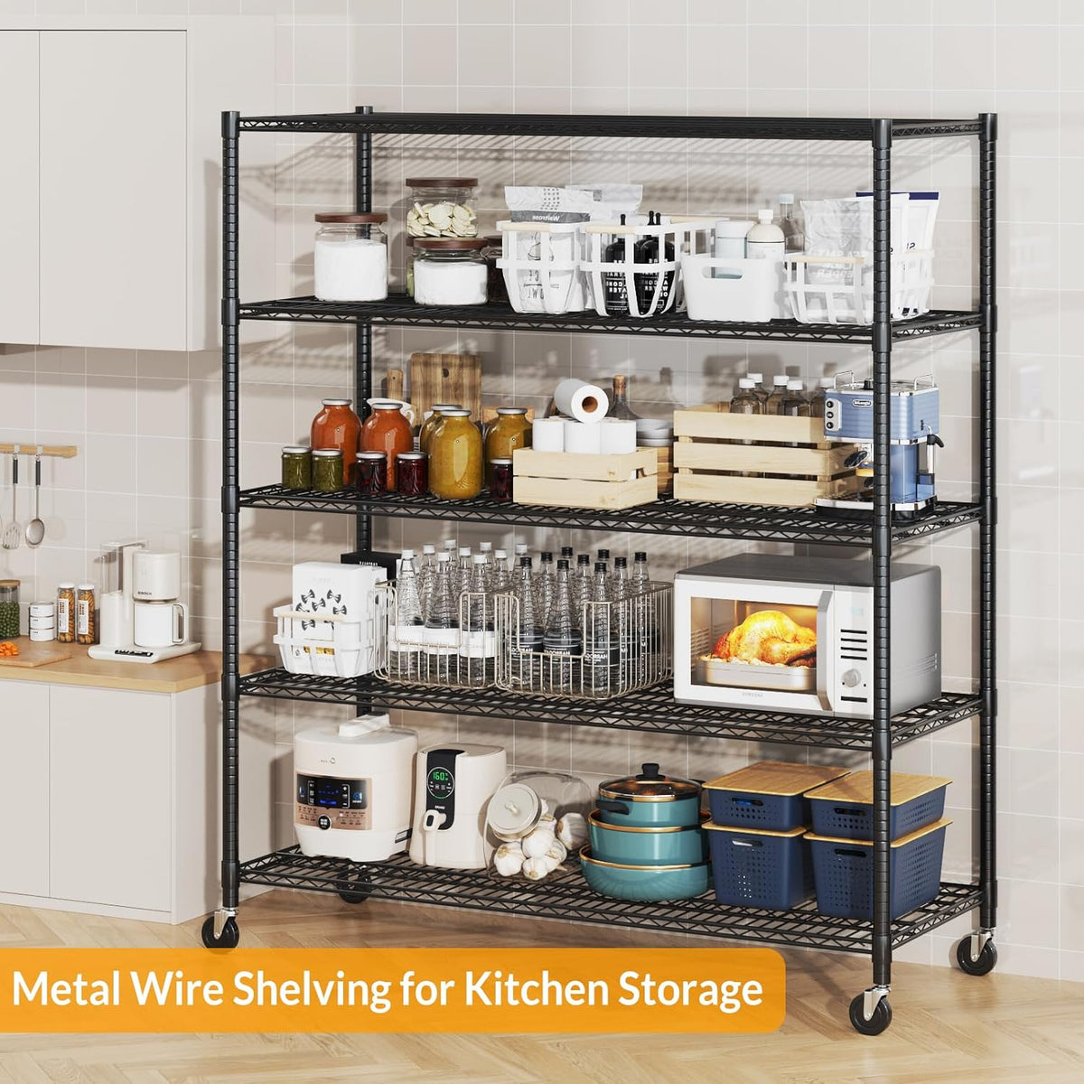 Himimi Storage Shelves with Wheels, 5-Tier Heavy Duty Steel Wire Rack Storage Shelving, Adjustable