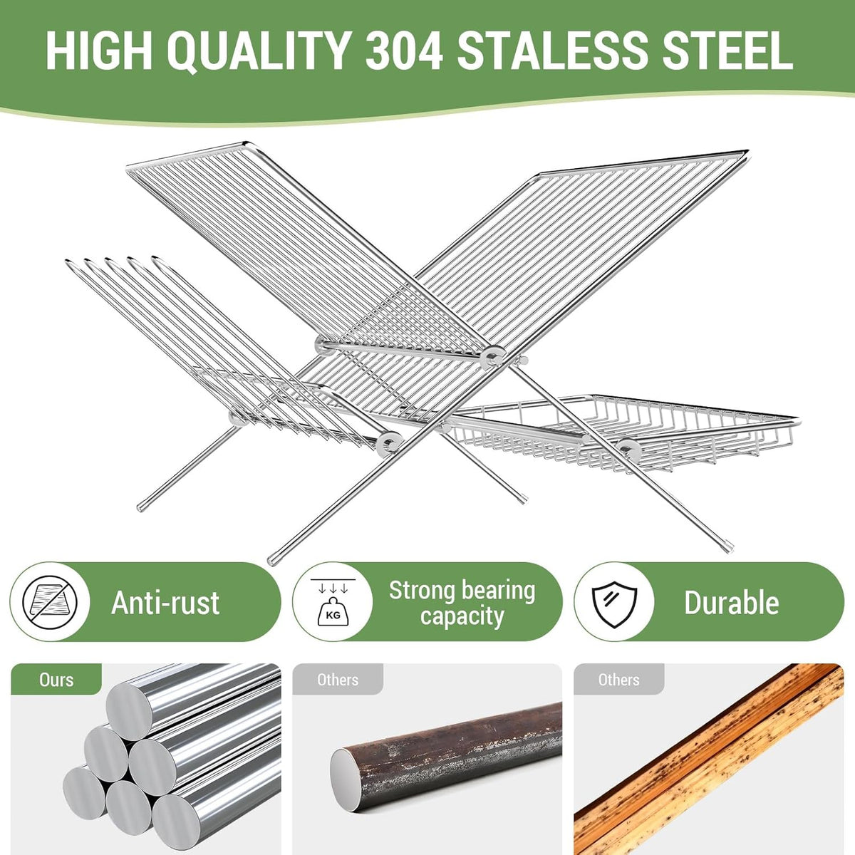 Dish Rack with Drip Tray, Stainless Steel 3-Tier Collapsible Drainer Dish Drying Rack for Kitchen
