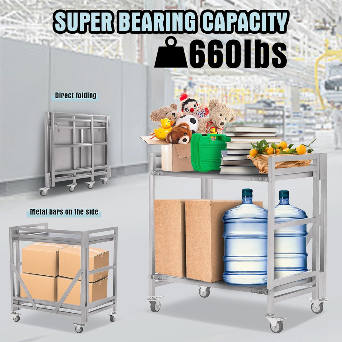2 Shelf Rolling Cart with Wheels, 660lbs Capacity Collapsible Steel Rolling Utility Cart