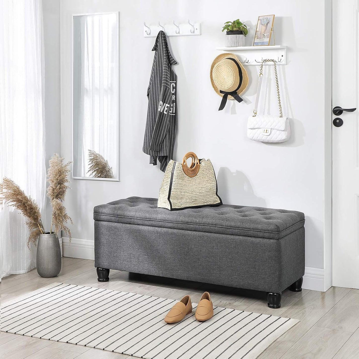SONGMICS Storage Ottoman, Storage Bench, Tufted Entryway Bedroom Bench, 17.7 x 46.5 x 17.7 Inches