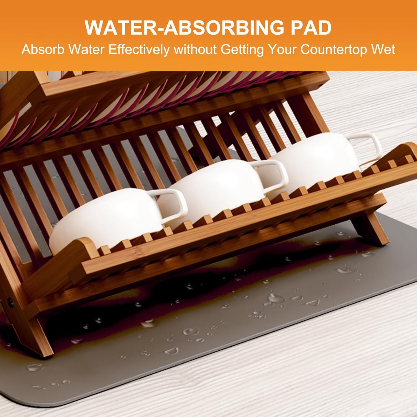 Greenual Teak Dish Drying Rack with Utensil Holder, 3 Tier Collapsible Dish Rack, Wooden Dish Racks