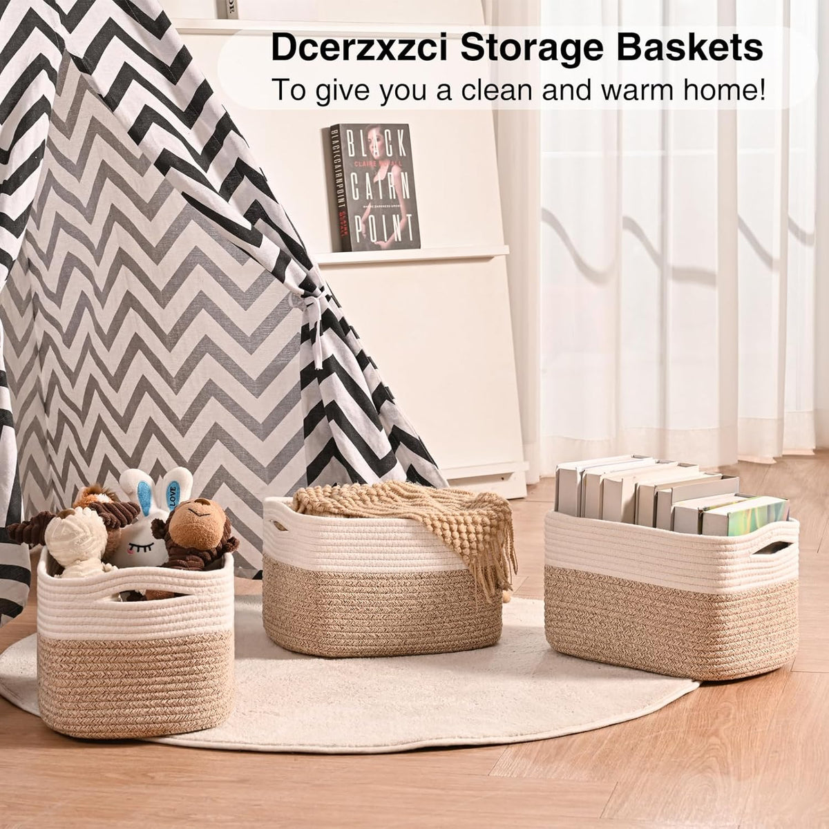 Small Storage Baskets for Organizing, Woven Storage Baskets for Shelves, Cotton Rope Basket for