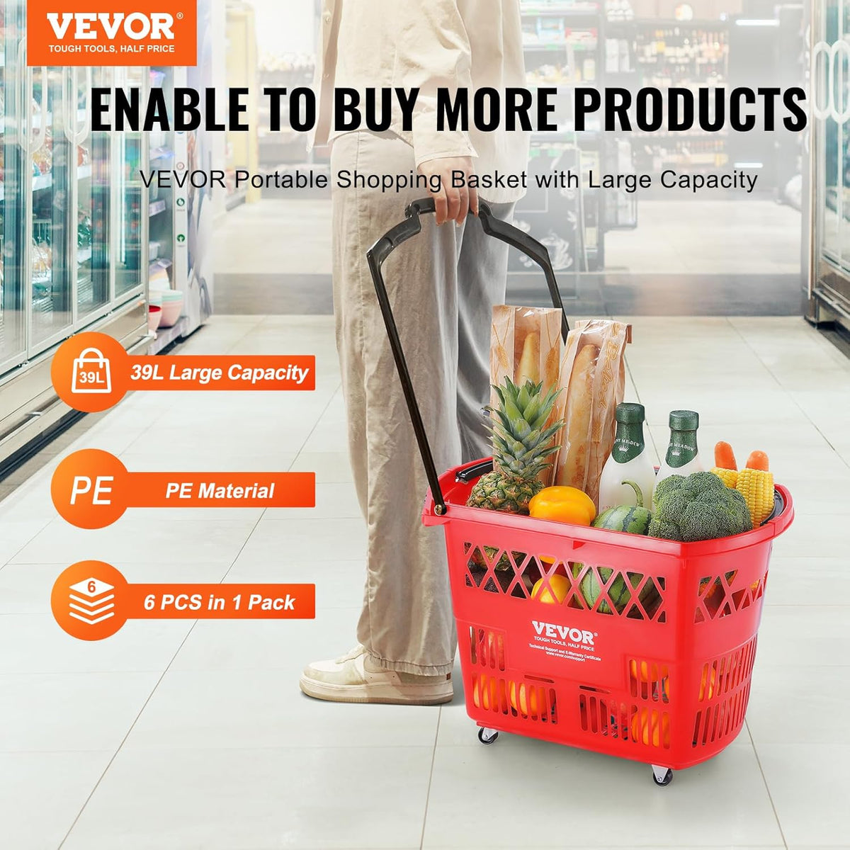 VEVOR Shopping Carts with Handles, 6PCS, 39L Plastic Rolling Shopping Basket with Wheels, Large