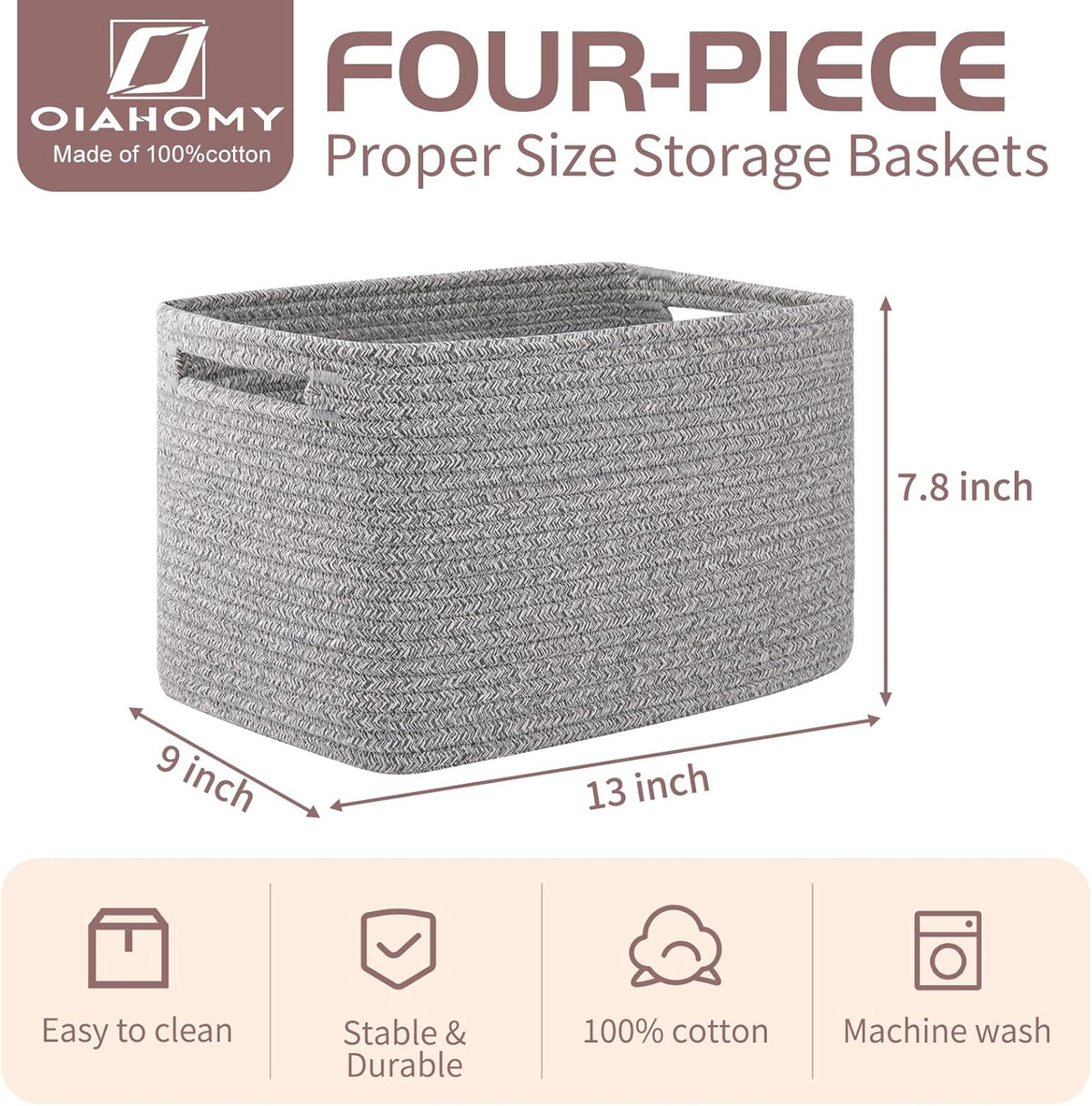OIAHOMY 4 Pack Storage Baskets for Organizing, Cube Storage Bins for Shelves, Rectangle Storage