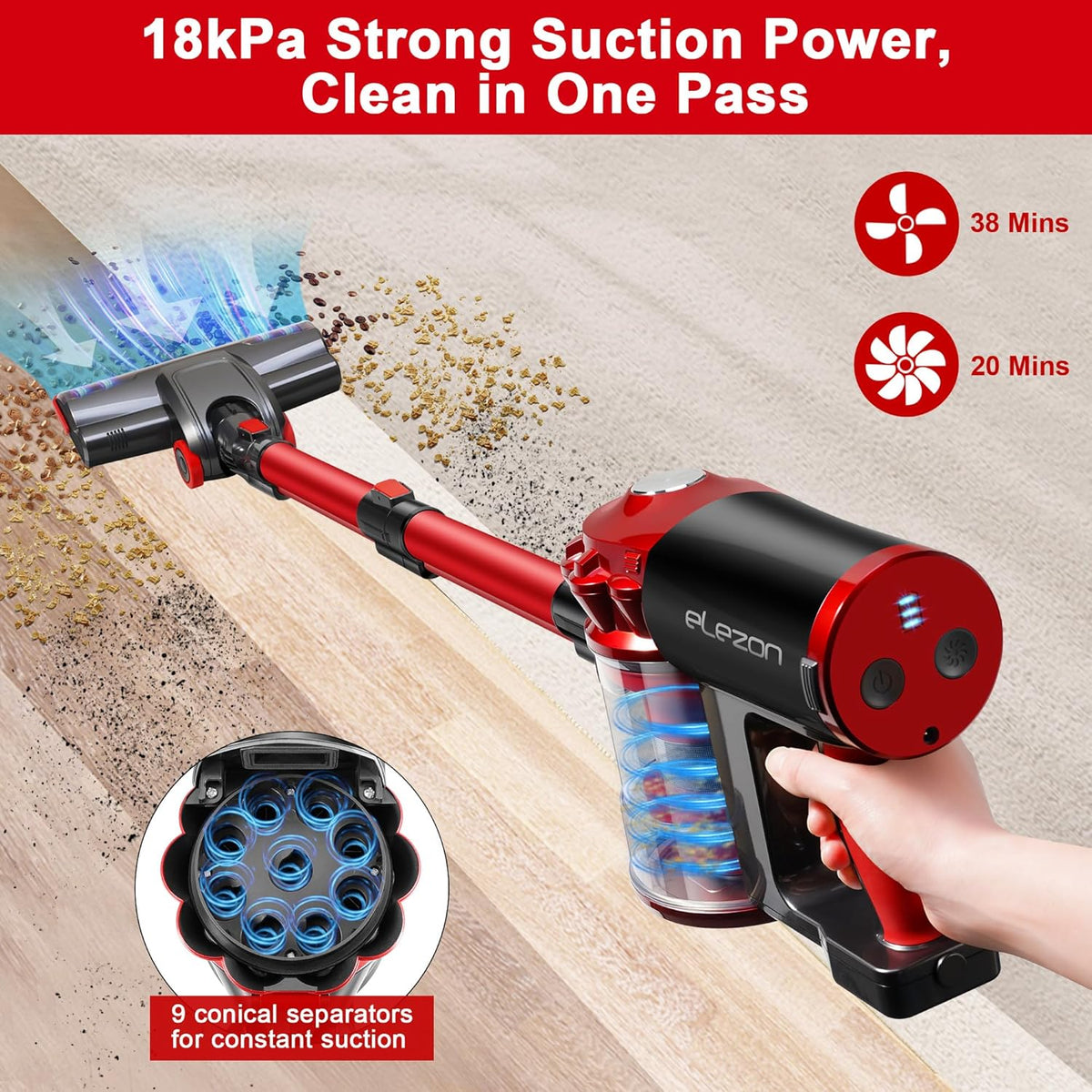 elezon A200 Cordless Vacuum Cleaner with 18000Pa Powerful Suction, 38 Min Runtime, 2200mAh Battery