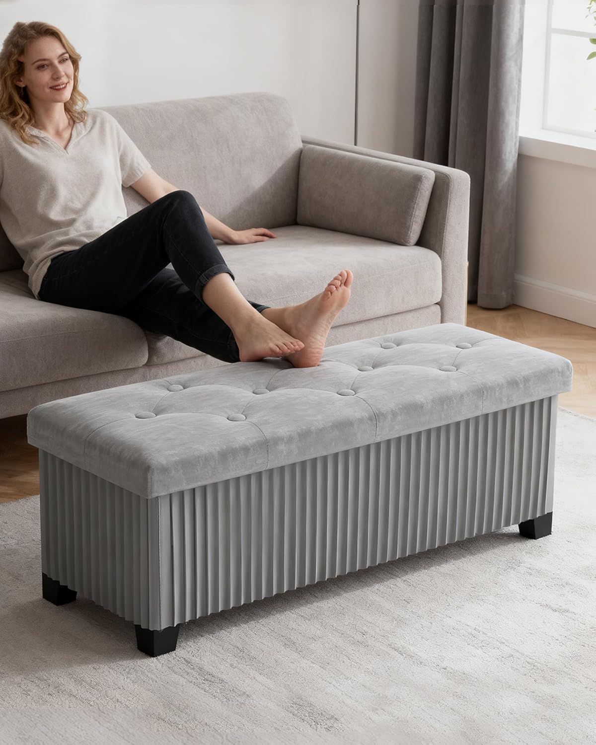 Storage Ottoman Bench, 43 Inch Foldable Ottoman with Legs, Velvet Foot Rest Stool, End of Bed